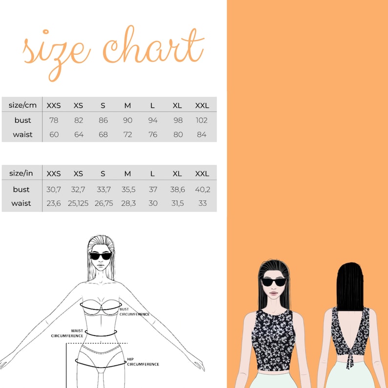 Op de afbeelding: Maattabel voor kleding in inches en centimeters. De tabel toont de maten voor borst en taille in de maten XXS, XS, S, M, L, XL en XXL.