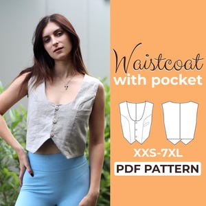 Patrón de costura de chaleco corto, chaleco corto con bolsillo, chaleco de mujer XXS - 7XL, chaqueta tipo chaleco corta, patrón en PDF en A0, A4 y carta de EE. UU.