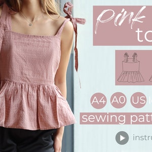 Patrón de costura de blusa fruncida con tirantes para atar / XS-XL / PDF tamaño A0, A4, carta de EE. UU. + videotutorial e instrucciones escritas