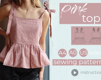 Gathered Smock Top Sewing Pattern With Tie-Straps | Xs-Xl | PDF A0, A4, US Letter Size + Video Tutorial and Written Instruction