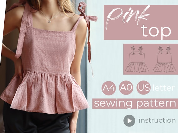 Patron de costura de blusa fruncida con tirantes para atar Xs Xl PDF A0 A4 tamano carta EE. UU. Video tutorial e instrucciones escritas Etsy Espana