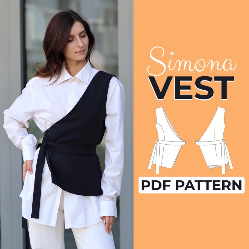 May include: A black wrap vest with a tie closure, worn over a white button-down shirt. The vest has a diagonal front and a fitted silhouette. The image also includes a line drawing of the vest pattern, labeled "Simona VEST PDF PATTERN".