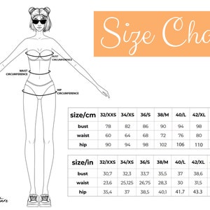 May include: Size chart for clothing with measurements in inches and centimeters. The chart shows bust, waist, and hip measurements for sizes XXS to XXL.
