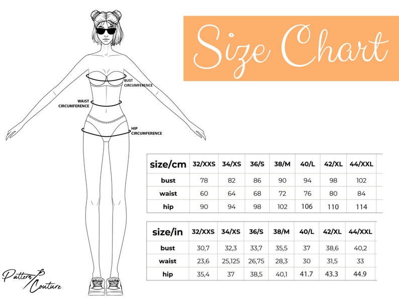 May include: Size chart for clothing with measurements in inches and centimeters. The chart shows bust, waist, and hip measurements for sizes XXS to XXL.