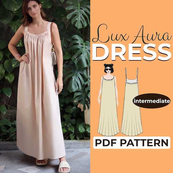 Patron de couture de robe longue évasée, XXS - XXL robe tunique, robe débardeur, chemise sans manches, A4, A0 et modèle US-Letter + tutoriel illustré