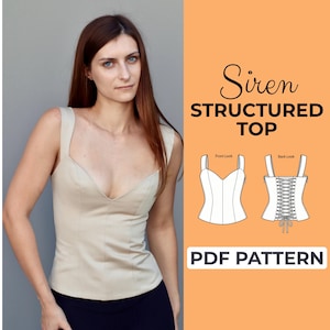 Puede incluir: Un top estructurado de color beige con escote en V profundo y tirantes anchos. La imagen incluye el texto Siren STRUCTURED TOP y PDF PATTERN, junto a un dibujo técnico que muestra las vistas frontal y trasera con un detalle de cordones.