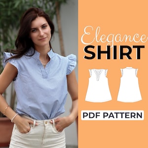 Könnte beinhalten: Ein blau-weiß gestreiftes Hemd mit Rüschenärmeln und Stehkragen. Das Bild zeigt eine Skizze des Hemdes und den Text "Elegance SHIRT PDF PATTERN".