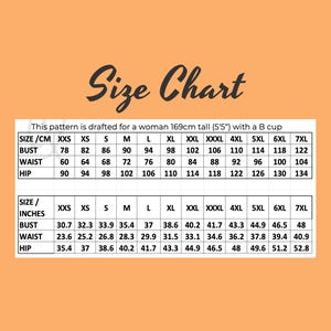 Puede incluir: Una tabla de tallas con medidas en cent&iacute;metros y pulgadas para el busto, la cintura y la cadera. La tabla incluye tallas de XXS a 7XL. El texto superior indica que el patr&oacute;n est&aacute; dise&ntilde;ado para una mujer de 169 cm (5'5") con copa B.