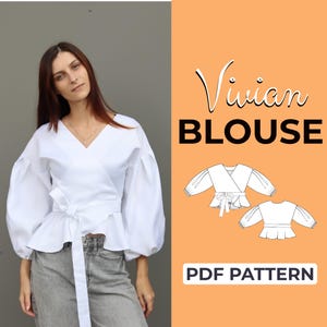 Op de afbeelding: Een witte wikkelblouse met volumineuze mouwen en een strik in de taille. De blouse wordt gecombineerd met een grijze jeans. De afbeelding bevat ook een diagram van de blouse en de tekst "Vivian BLOUSE" en "PDF PATTERN" op een oranje achtergrond.