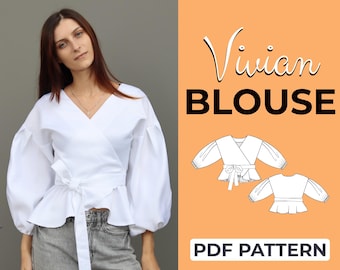 Puff Sleeve Ruffle Blouse Sewing Pattern | Wrap Blouse | Pattern + Detailed Illustrated Instruction | XXS - 7XL | A0, A4 & US-Letter