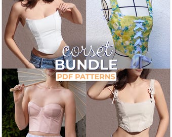 Corset Sewing Pattern Bundle | 4 Corset Tops | Overbust & Bustier Bodice Patterns | Renaissance, Coquette Corsets | A0, A4, US-Letter