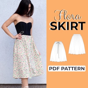 Puede incluir: Un patrón PDF para una falda floral llamada "Flora Skirt". El patrón incluye dos ilustraciones de la falda, una con cintura de cordón y otra con cintura lisa.