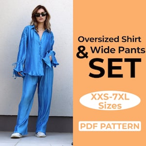 Patrón de costura para camisa oversize y pantalones anchos (tamaños A0, A4 y carta estadounidense) + tutorial ilustrado fácil (XXS - 7XL)