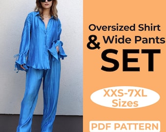 Oversized Shirt + Wide Leg Pants Sewing Pattern Bundle, A0, A4 & US-Letter + Easy Illustrated Tutorial, XXS - 7XL