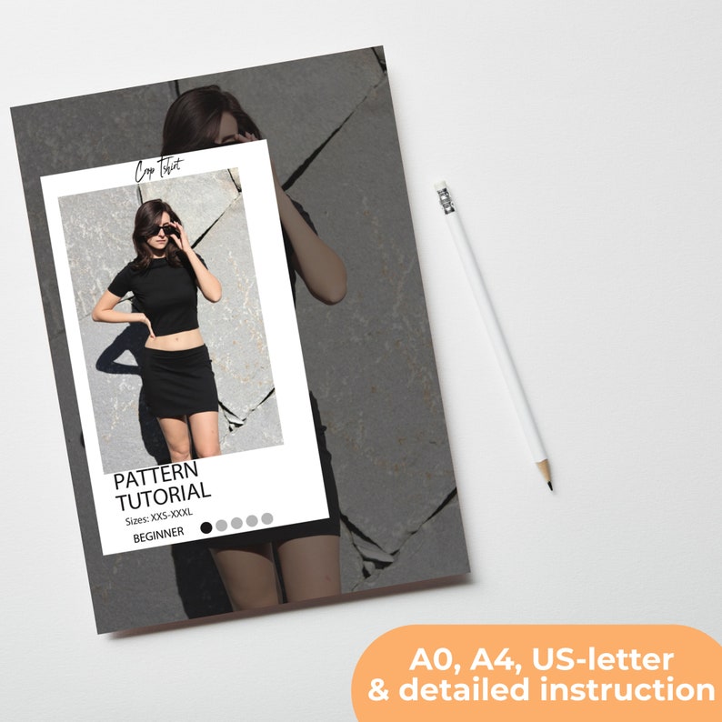 May include: A digital download pattern tutorial for a crop top and mini skirt. The pattern is available in sizes XXS-XXXL and is beginner friendly. The image shows a model wearing the finished garment.