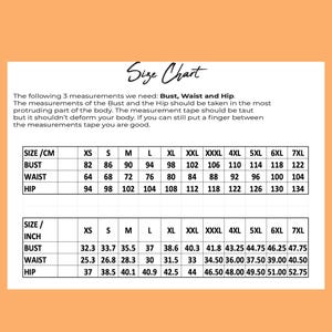 May include: Size chart for clothing with measurements in inches and centimeters. The chart includes sizes XS through 7XL for bust, waist, and hip.