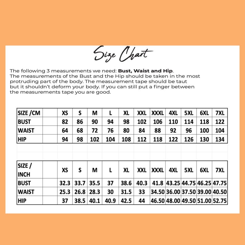 May include: Size chart for clothing with measurements in inches and centimeters. The chart includes sizes XS through 7XL for bust, waist, and hip.
