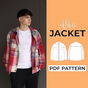 Könnte beinhalten: Eine rot-weiß-blau karierte Alba-Jacke, getragen über einem weißen T-Shirt und einer schwarzen Hose. Das Bild enthält eine Zeichnung der Jacke und den Text "Alba JACKET" und "PDF PATTERN" auf orangefarbenem Hintergrund.