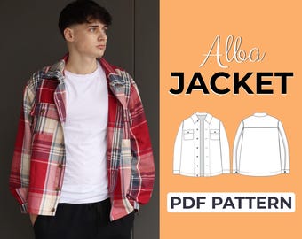 May include: A red, white, and blue plaid Alba jacket worn over a white t-shirt and black trousers. The image includes a diagram of the jacket and the text "Alba JACKET" and "PDF PATTERN" on an orange background.