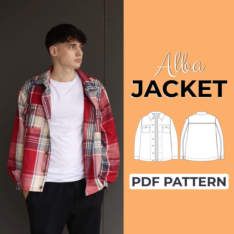 Pu&ograve; includere: Una giacca Alba a quadri rossi, bianchi e blu indossata sopra una maglietta bianca e pantaloni neri. L'immagine include un diagramma della giacca e il testo "Alba JACKET" e "PDF PATTERN" su sfondo arancione.