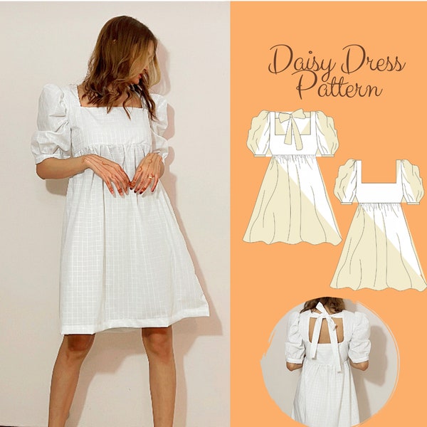 Tie Back Puff Sleeve Cottagecore Dress Sewing Pattern, Fairy Spring Summer Dress, Square Neck Dress Pattern, Mini Puff Milk Maid Dress