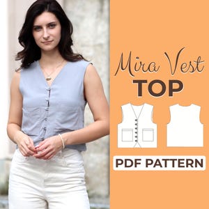 Patrón de costura de chaleco / Patrón de chaleco, Blusa con cuello en V / Patrón fácil para principiantes + Tutorial ilustrado fácil / XXS - XXXL / A0, A4 y carta de EE. UU.