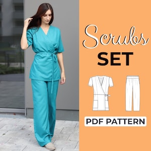 Puede incluir: Un conjunto de uniformes turquesa, que incluye una parte superior envolvente con cintura anudada y pantalones de pierna recta. La imagen también presenta un diagrama de los uniformes y el texto "Scrubs SET" y "PDF PATTERN".