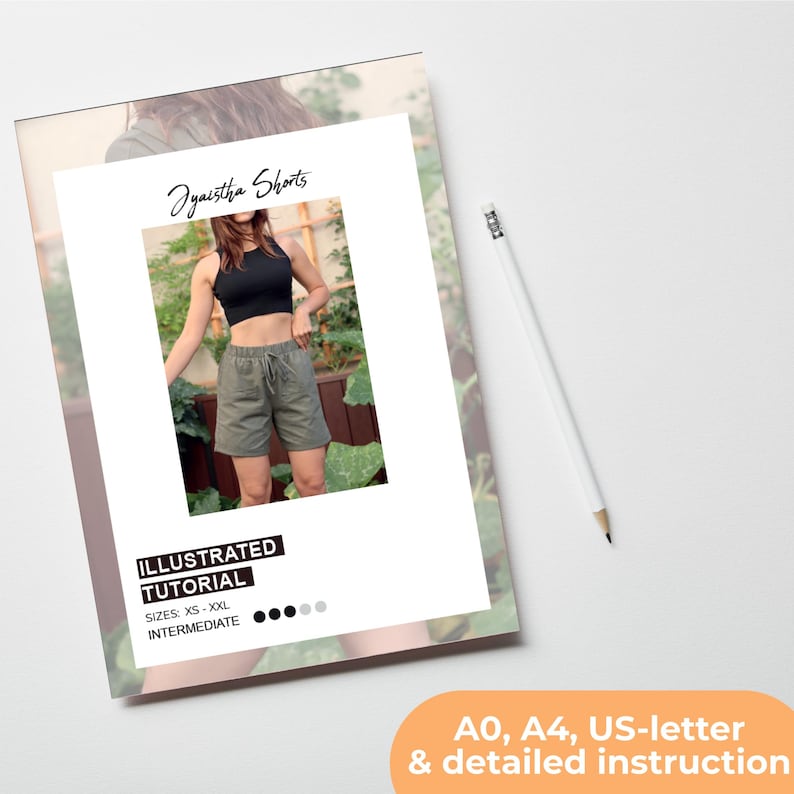 May include: A digital download for a sewing pattern for Iyaustha Shorts. The pattern includes an illustrated tutorial and is available in sizes XS to XXL. The pattern is for an intermediate skill level.