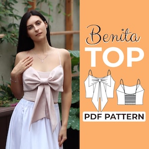 Patrón de costura para blusa con lazo / Patrón para blusa coqueta sin mangas / Patrón + instrucciones ilustradas detalladas / XXS - XXXL / A0, A4 y carta de EE. UU.