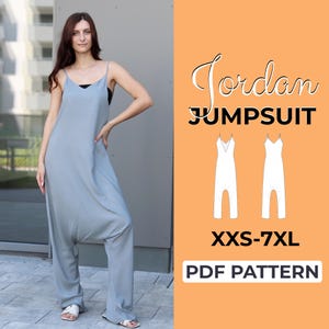 May include: A light blue jumpsuit with spaghetti straps and wide legs. The image includes a pattern illustration and text that reads "Jordan Jumpsuit" and "XXS-7XL PDF Pattern". The model is wearing the jumpsuit.