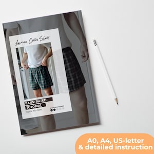 May include: A sewing pattern for cotton shorts with an illustrated tutorial. The pattern includes sizes XS to XXXL and is for adventurous beginners. The image shows a model wearing the shorts in a green and black plaid pattern.