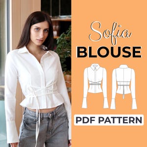 Patrón de costura de blusa de manga larga / Blusa cruzada con cuello / Patrón + Instrucciones ilustradas detalladas / XXS - XXXL / A0 A4 y carta de EE. UU.