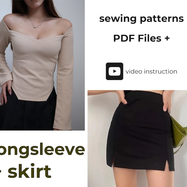 Long sleeve shirt + mini skirt pattern + skirt sewing Instruction + long sleeve sewing instruction - easy dress pattern PDF A0/A4/US-Letter