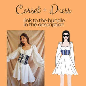 May include: A white dress with a blue and white corset. The dress has long sleeves and a gathered skirt. The model is wearing sunglasses.