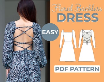 Backless Dress Sewing Pattern | Long Puff Sleeve Midi Dress | Easy Beginner Pattern + Illustrated Tutorial | XXS - XXXL | A0, A4 & US-Letter