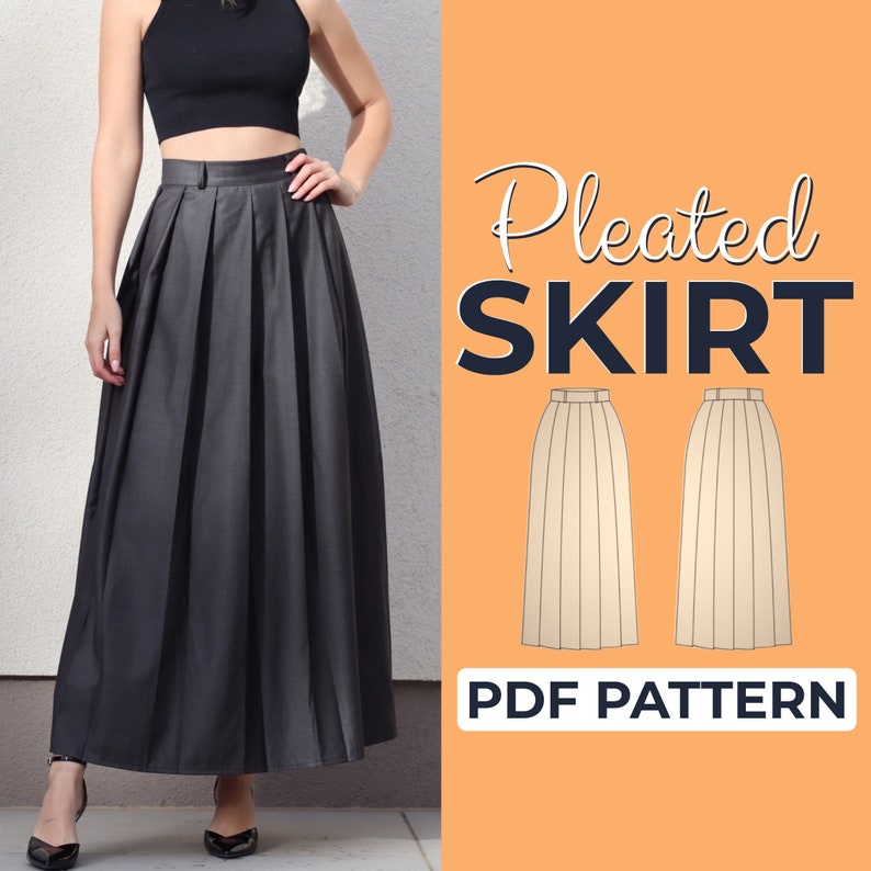 May include: A PDF pattern for a pleated skirt. The pattern shows two versions of the skirt, one in a light beige color and the other in a darker beige color. The text "Pleated Skirt PDF Pattern" is displayed at the bottom of the image.