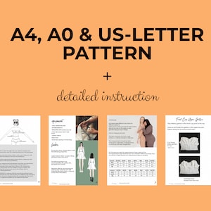 May include: A digital download for a sewing pattern for a white top with a gathered neckline. The pattern includes instructions for making the top in sizes A4, A0, and US-Letter. The image shows a close-up of the pattern pieces and instructions.