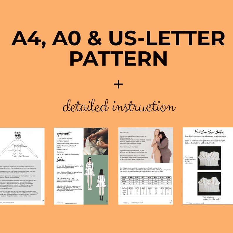 May include: A digital download for a sewing pattern for a white top with a gathered neckline. The pattern includes instructions for making the top in sizes A4, A0, and US-Letter. The image shows a close-up of the pattern pieces and instructions.