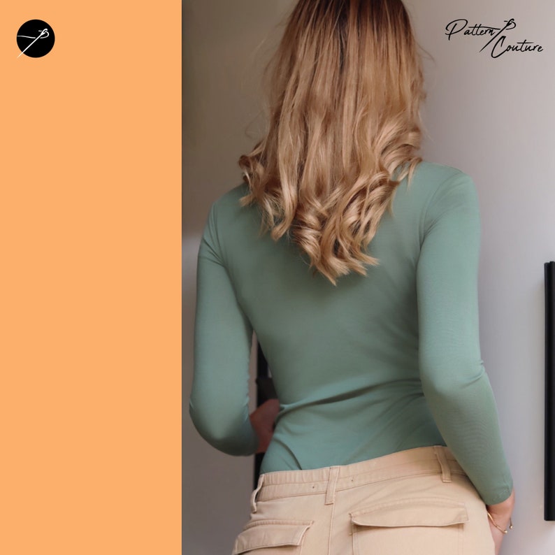May include: A woman wearing a sage green long-sleeved bodysuit and beige cargo trousers. The bodysuit has a high neckline and long sleeves. The trousers have a cargo pocket on the right side.