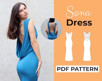 Bodycon Dress Sewing Pattern | Draped Cowl Neck Elegant Dress | Pattern + Detailed Illustrated Instruction | XXS - 7XL | A0, A4 & US-Letter