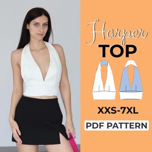May include: A woman in a white halter top and a black skirt with a side split. The image includes a diagram of the "Harper TOP" PDF pattern, with sizes XXS-7XL.