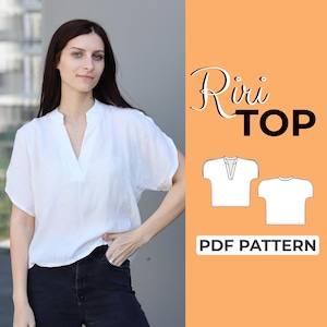 May include: A white linen top with a V-neck and short sleeves. The image includes the text "Riri TOP" and "PDF PATTERN" on an orange background, along with two line drawings of the top.