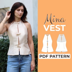 Patrón de costura para chaleco sin espalda / Patrón para chaleco con lazo en la parte superior / Patrón + instrucciones ilustradas detalladas / XXS - XXXL / A0, A4 y carta de EE. UU.