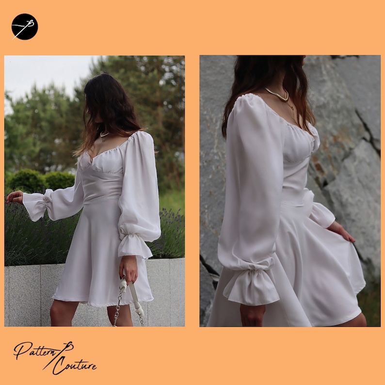 May include: A white dress with a sweetheart neckline and long sleeves with puffed cuffs. The dress has a fitted bodice and a flowy skirt.