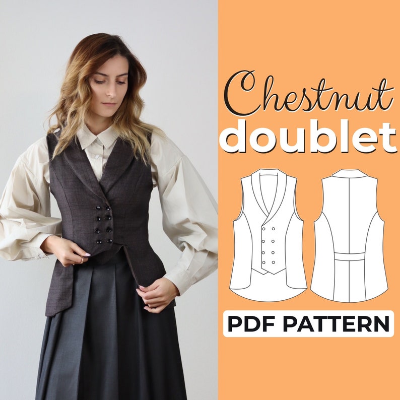 May include: A PDF pattern for a brown waistcoat with a double-breasted closure and a pointed collar. The pattern is called "Chestnut Doublet" and is shown on a model wearing the waistcoat over a white shirt.