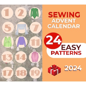 Peut inclure: Un calendrier de l'avent de couture avec 24 patrons faciles pour 2024. Le calendrier présente une grille de cercles avec les numéros 1 à 19 et des illustrations de différents vêtements.