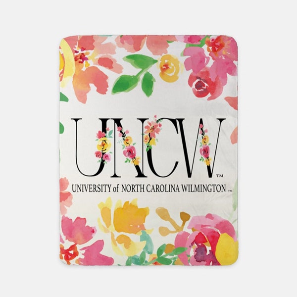 UNCW Floral Monogram Sherpa Blanket - Large 60x80 | College Dorm Decor | Custom Official UNC Wilmington Merch | Graduation Gift