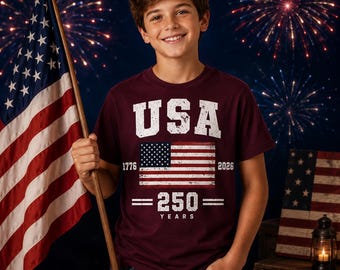 USA 250 Years Shirt for Kids, America 1776-2026 Patriotic Tee, Fourth of July Youth T-Shirt, Independence Day Graphic Tee, Unisex Adult Tee