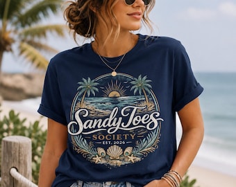 Sandy Toes Society Shirt, Vintage Beach T-Shirt, Coastal Summer Tee, Palm Tree Ocean Shirt, Beach Vacation Gift, Retro Seashell Tshirt