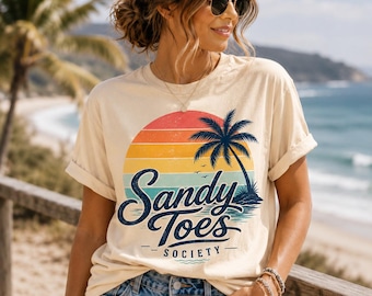 Retro Sandy Toes Society T-Shirt, Vintage Beach Vibes Graphic Tee, Summer Sunset Palm Tree Shirt, Coastal Vacation Outfit, Trendy Surf Tee